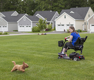 A woman in a scooter and a dog play on a grassy field in front of houses.