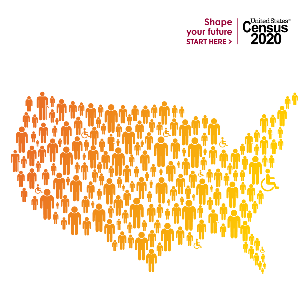 Graphic of the United States made up of orange and yellow people icons.