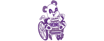 Purple drawn icon of a panda bear in a wheelchair