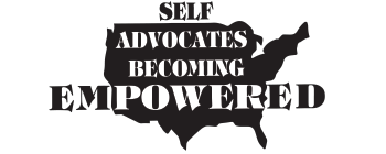 Self Advocates Becoming Empowered logo: the word are on top of a black outline of the United States of America.