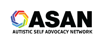 ASAN (Autistic Self Advocacy Network) logo with rainbow polygon to the left of the words