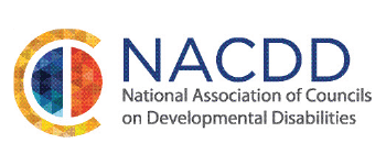 NACDD (National Association of Councils on Developmental Disabilities) logo. To the left of the words is an icon of a yellow semi-circle with two half circles inside that are blue and red.