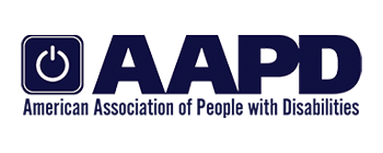 AAPD (American Association of People with Disabilities) logo with power button icon to the left of it