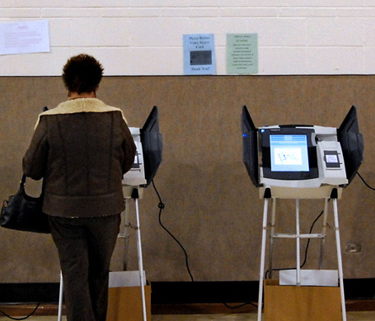 A person standing at a voting booth. Next to them is any empty voting station.