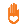 Orange icon depicting a hand with a heart drawn in the center