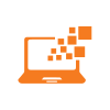 Orange icon depicting a laptop with small squares coming out of the screen