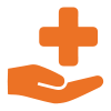 Orange icon depicting a cupped hand with the palm facing upward holding a cross symbol