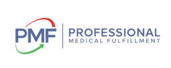Logo with text that reads: PMF with a green and red arrow circling it. Blue text reads: Professional medical fulfillment