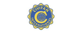 A circular logo in blue and yellow. In the middle of the circle is a yellow capitol "C" with text above that says: Civitan and below that says: International