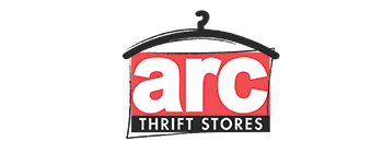 arc thrift stores logo with a black hanger over the words "arc thrift stores"